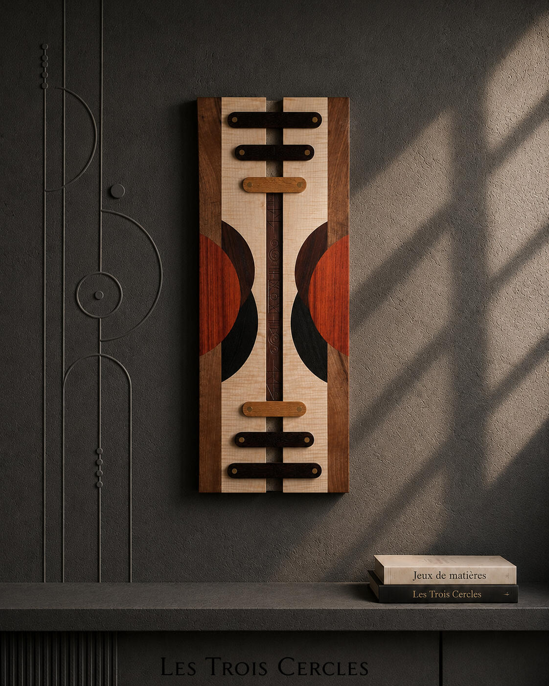 Tableau en bois chêne massif gravé et marqueterie contemporaine