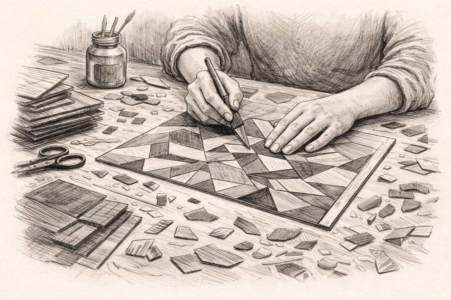 Dessin fusain marqueterie bois Les Trois Cercles